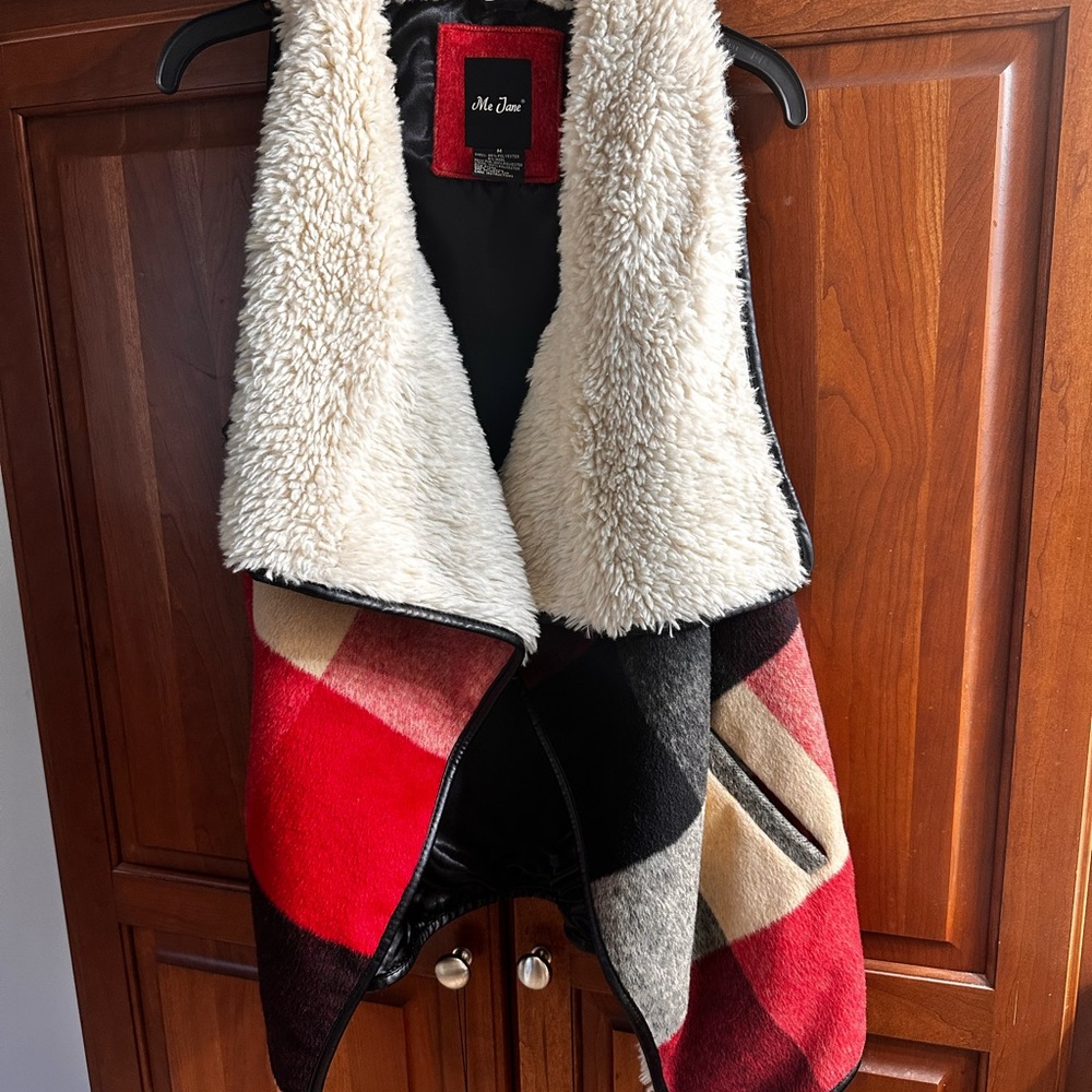Me Jane red black plaid Sherpa vest jacket faux leather trim with open front